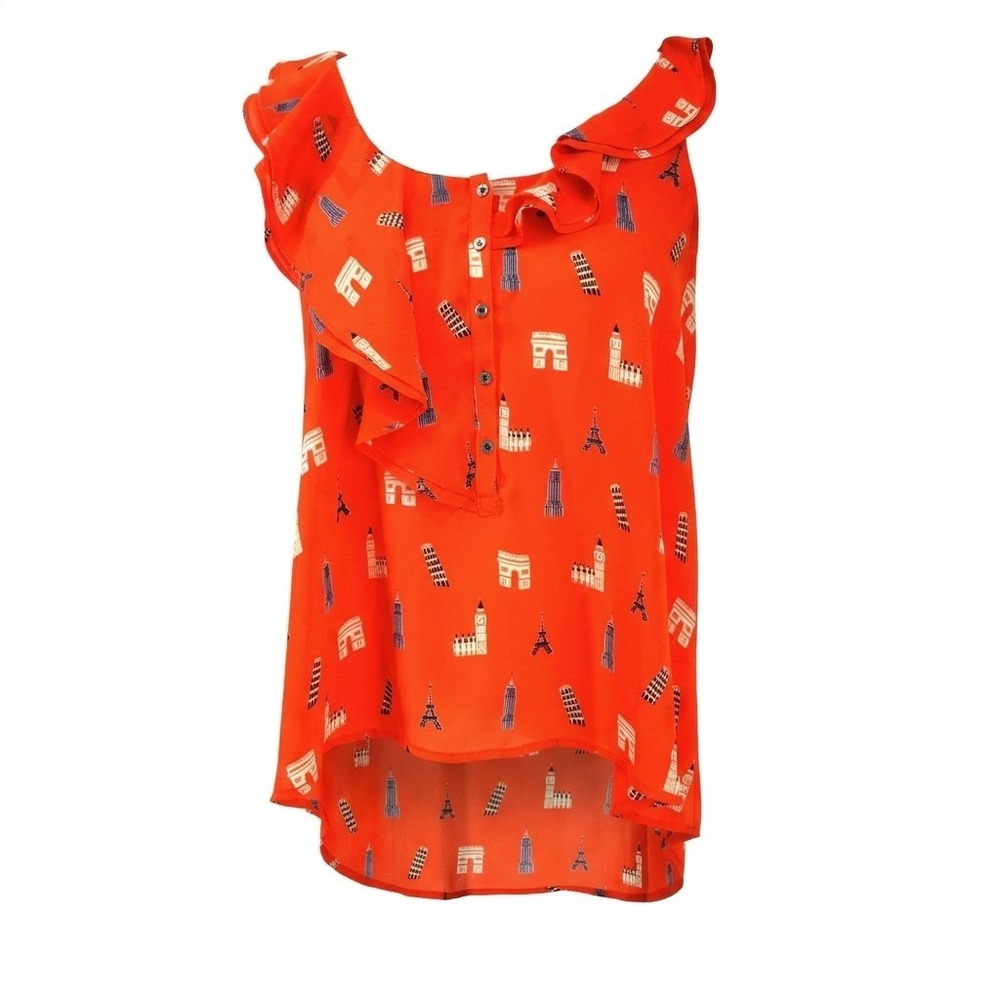 Maeve Anthropologie Size 2 S/XS Red World Landmark Print Ruffle Blouse Top